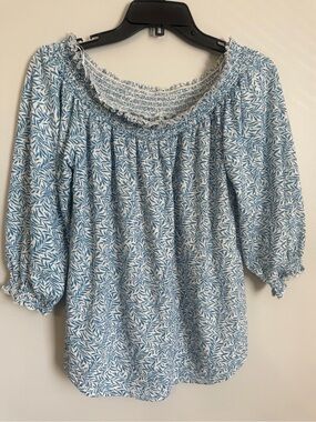 Melloday Smocked Off-Shoulder Blue Leaf Print Women's Top NWOT size medium